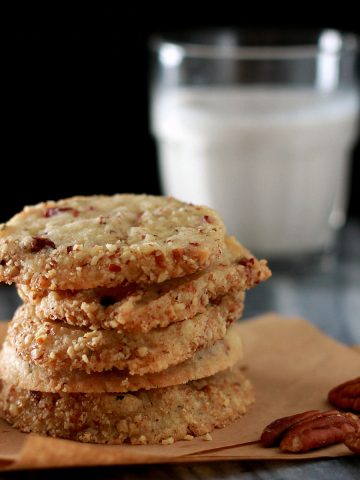 Vegan Rosemary and Pecan Shortbread cookies and glass of milk