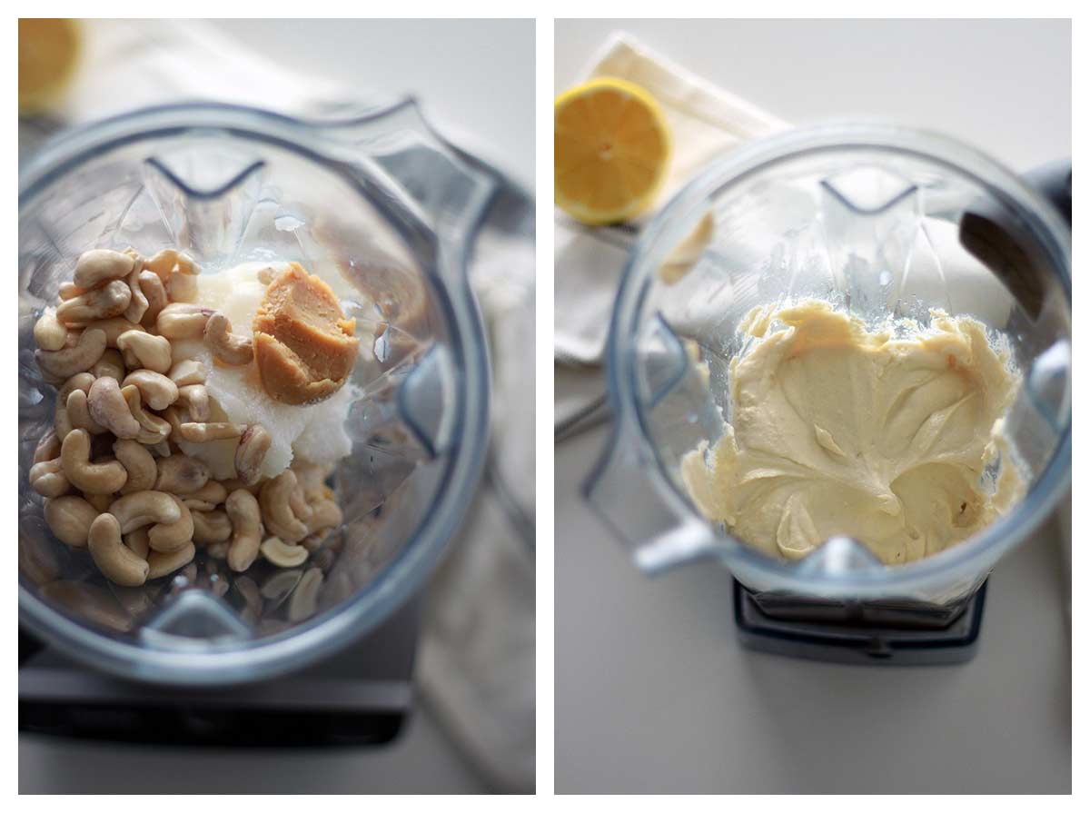 tofu and cashews in the blender before and after