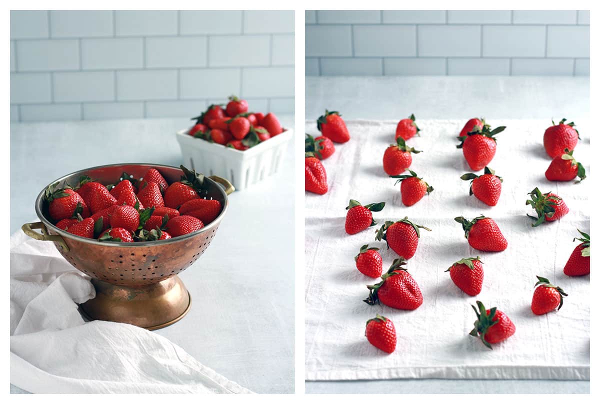 strawberries in a colander and on a towel drying