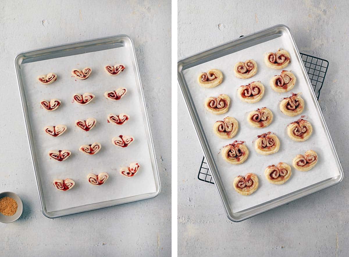 vegan raspberry palmiers on sheet pan before and after cooking