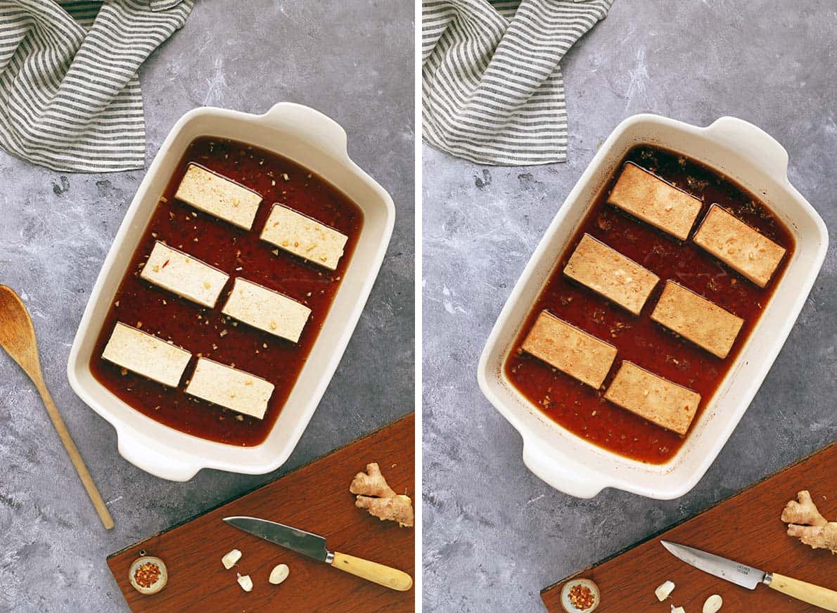 teriyaki tofu and marinade in pan before and after baking