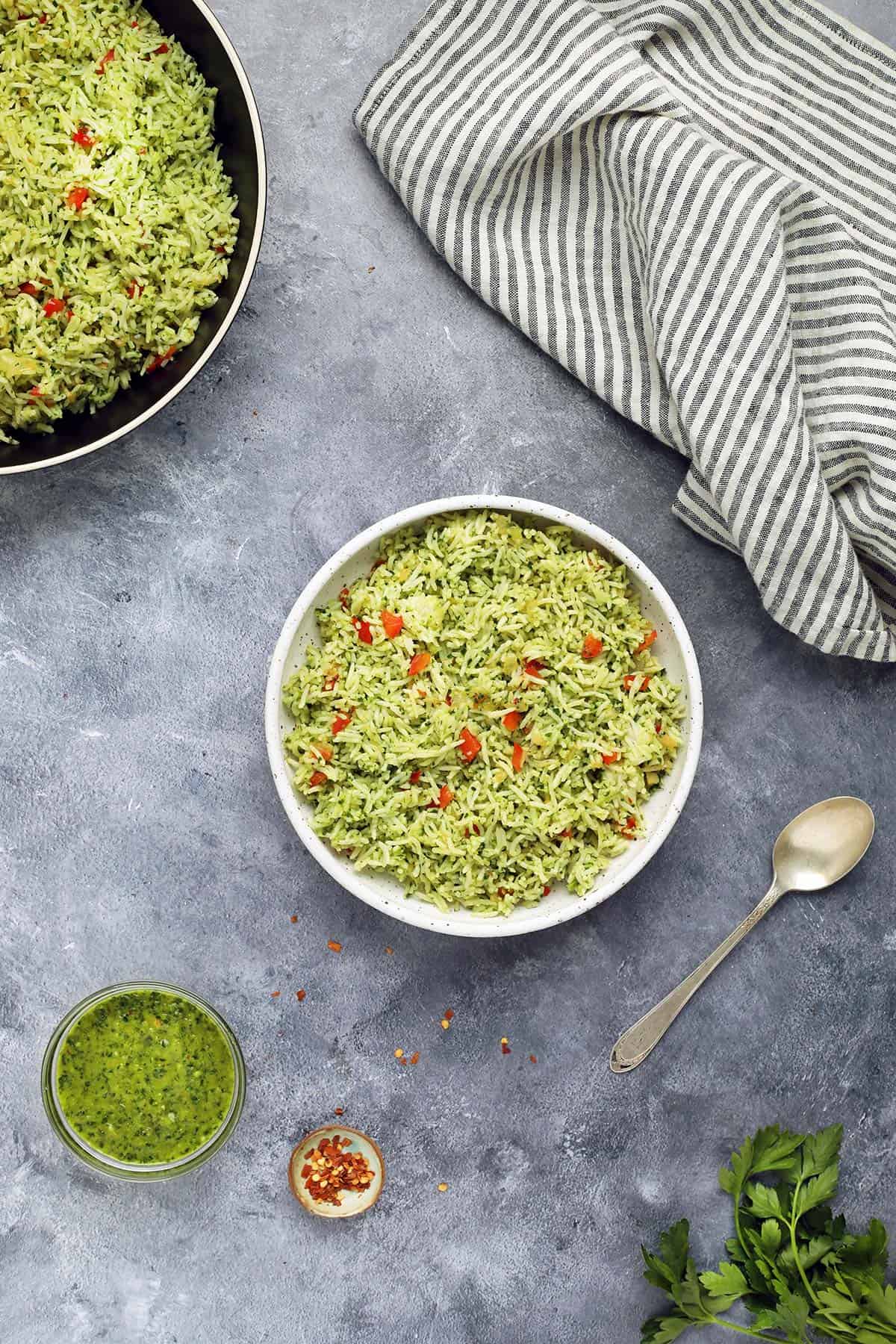 vegan chimichurri rice in a white bowl on the table